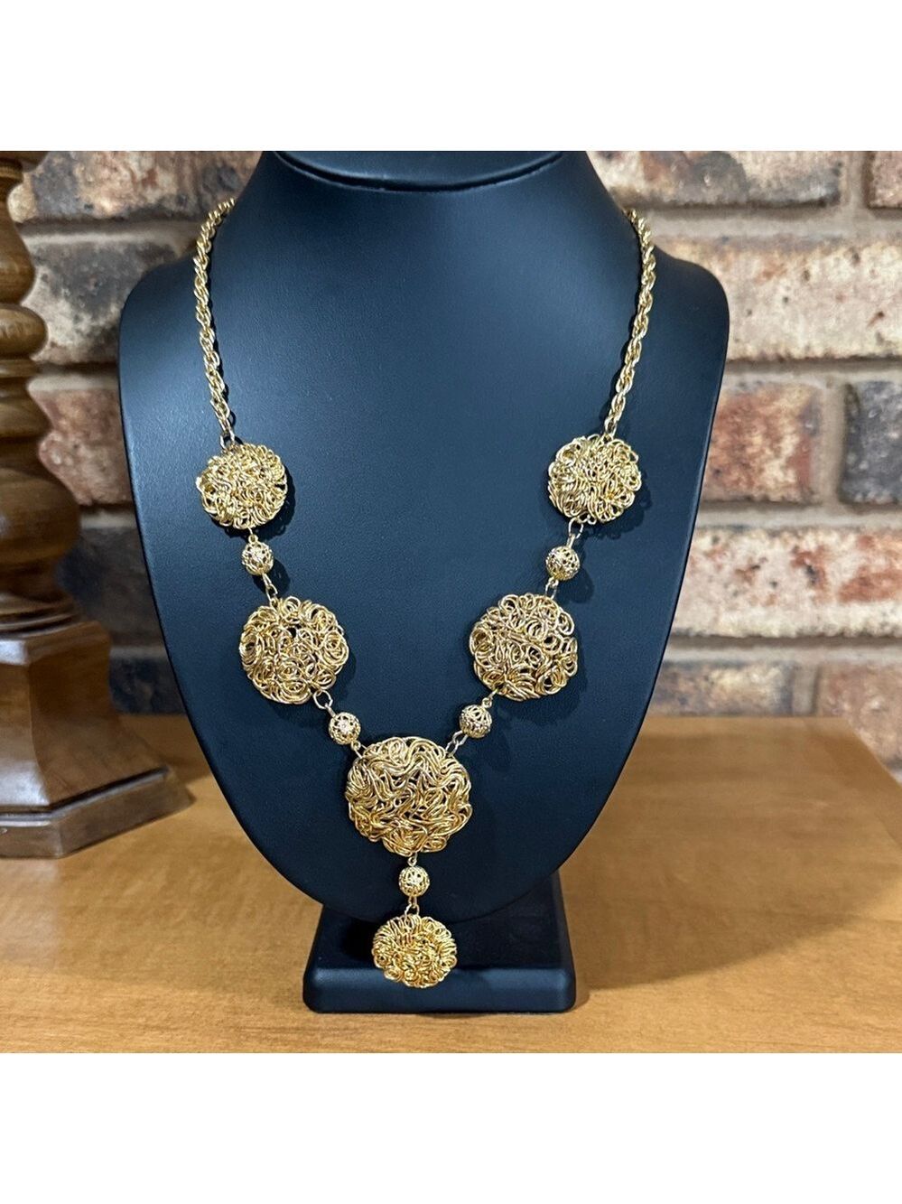 Vintage Gold tone Filagree and Wire Design Statement Necklace